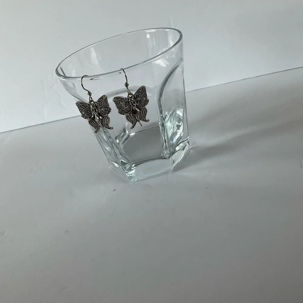 Hand Crafted Earrings Butterfly Faery Charm Antique Silver Fairy Faerie Dangle
